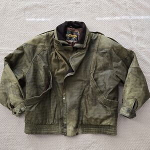 One Way DIV OF MIDWAY Men's Vintage Olive Green Leather Wool Bomber Jacket